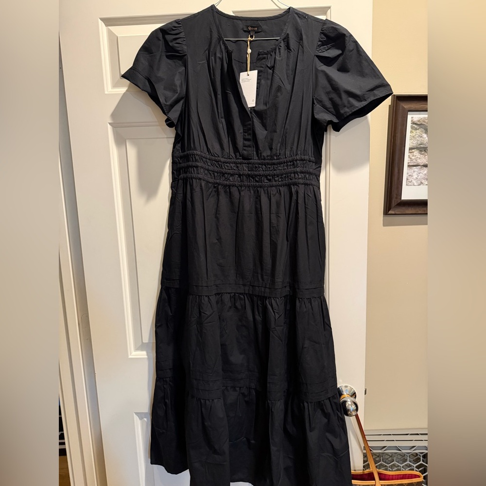 Quince Black Puff Sleeve V-Neck Tiered Maxi